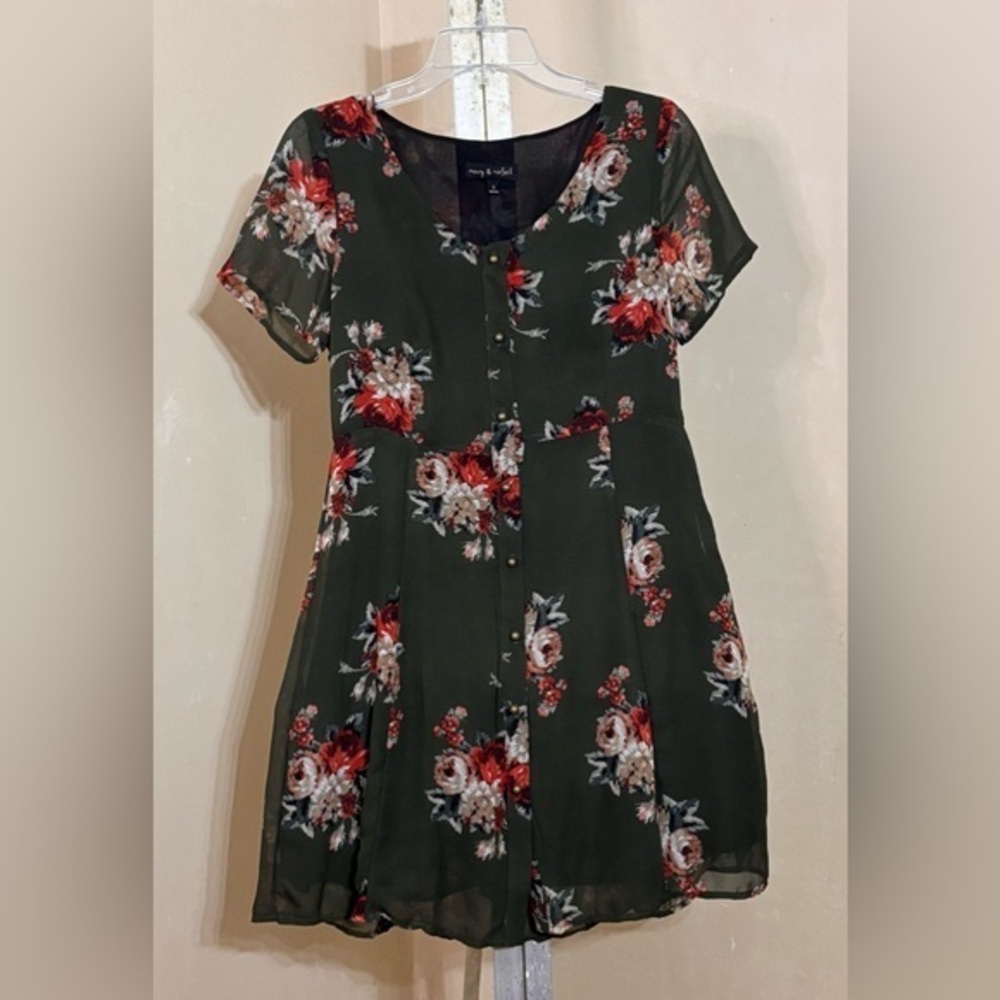 Mary & Mabel Floral Green Dress with Brass buttons Sz Small